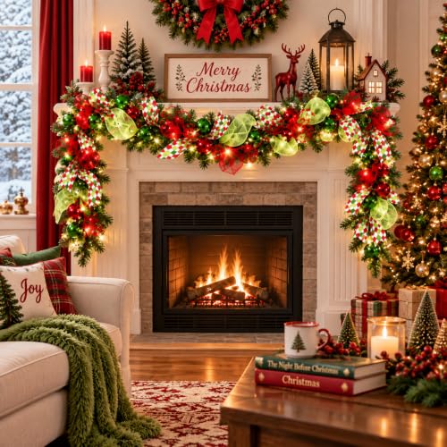 Christmas Artificial Garland with LED Lights - 6 Ft Red & Green Wreath Decor - Variation of THIS listing