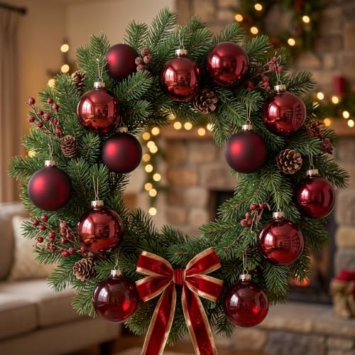 Burgundy Glass Christmas Ornaments Set of 12 - 2.36 Inch Holiday Decor with Matte, Shiny & Clear Finishes