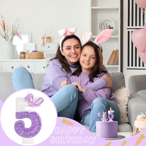 Glitter Purple Bunny Number 5 Candle - Cute Cake Topper for Kids