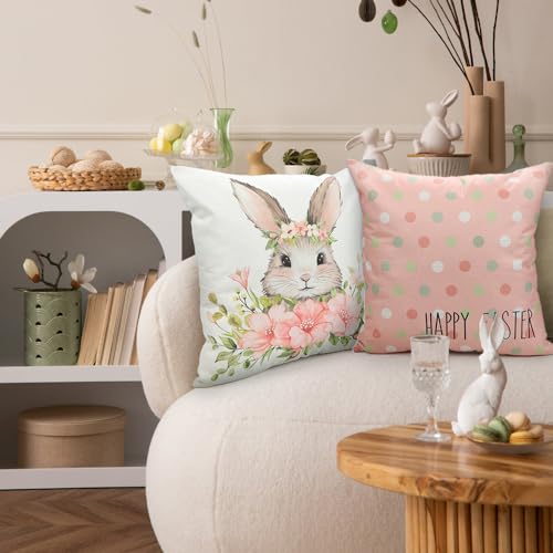YUJUN Easter Pillow Covers - 18x18in Rabbit & Flower Design, 4 Pack