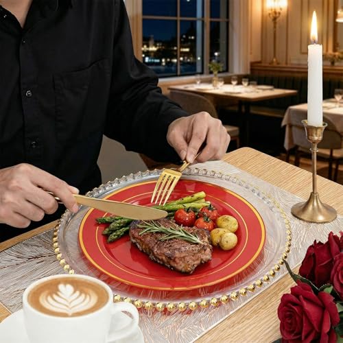 Red Plastic Party Plates Set 175 Pieces with Gold Rim Disposable Dinner & Dessert Plates, Cups & Napkins - Variation of THIS listing
