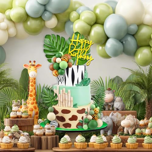 38pcs Jungle Safari Cake Topper Set with Leaves and Foam Balls for Wild Themed Birthday Decorations
