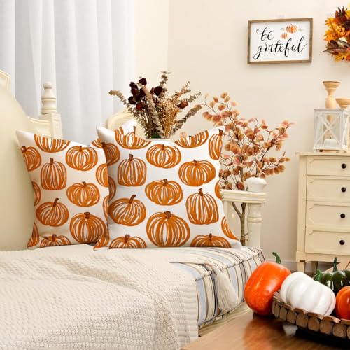 Outdoor Pillow Covers Set of 2 - 18x18 Orange Pumpkin Decor