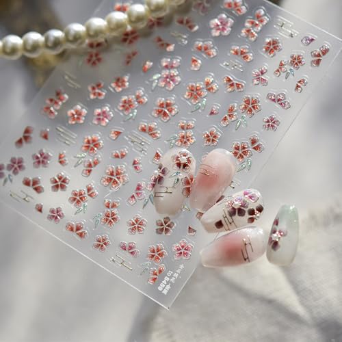 5D Embossed Flower Nail Art Stickers - Self-Adhesive Cherry Blossom Decals