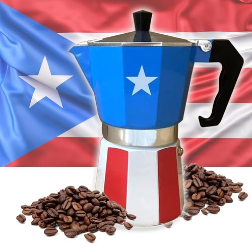 PRK 14 Puerto Rico Coffee Pot – Aluminum Moka Pot with Puerto Rican Flag Design | Traditional Stovetop Espresso Maker for Authentic Cafe Boricua