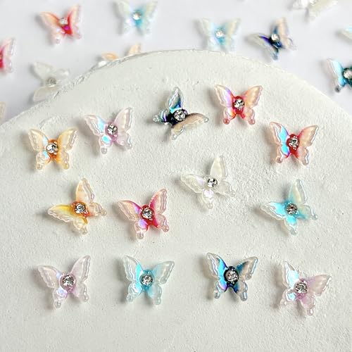 50Pcs 3D Butterfly Nail Charms Iridescent Resin Rhinestones for DIY Manicure