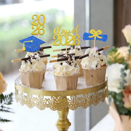 24Pcs Graduation Cupcake Toppers - Class of 2026 Black & Gold