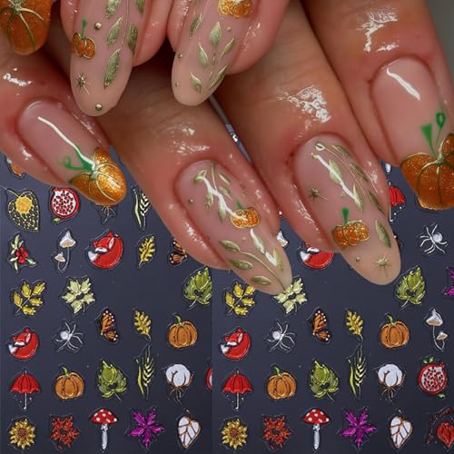 Fall Nail Art Stickers 2 Sheets Thanksgiving Pumpkin Maple Leaf Decals