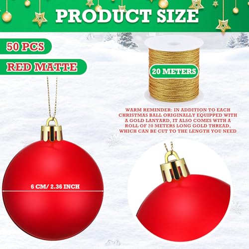 Christmas Fillable Plastic Ornaments Set 2.36 Inch Red with Rope - 50 pcs - Variation of 2.36 Inch / Red / 50