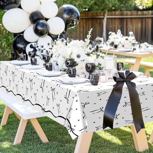 Avezano 3-Piece Black Bow Tablecloth Set, 108x54 Inch - Elegant Party Decor