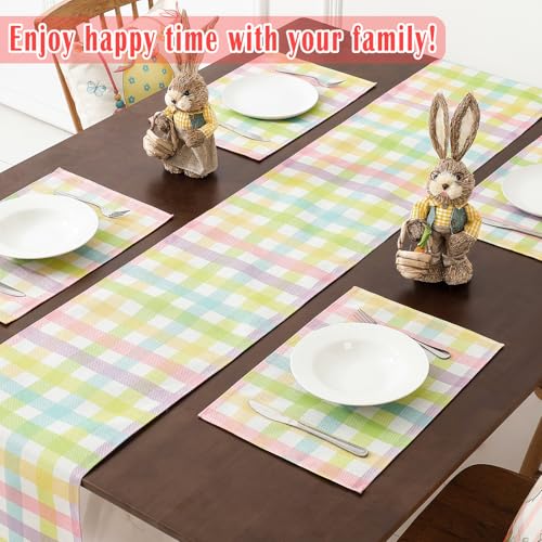 Pastel Buffalo Plaid Easter Table Runner Set with Placemats & Bags