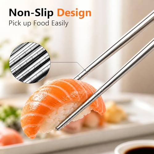 Maclia 6 Pairs Silver Reusable Stainless Steel Chopsticks - Food Grade, Non-Slip, Durable