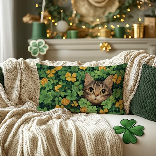 St. Patrick's Day Pillow Cover 12x20 Inch - Shamrock Cat Design