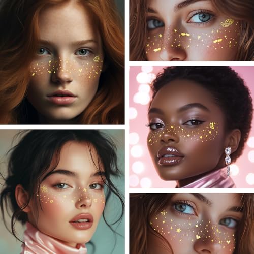 EMOME Gold Glitter Freckle Face Tattoos - 16 PCS Sparkle Makeup Patches