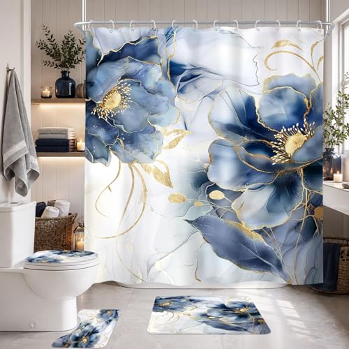 Navy Marble Floral Shower Curtain Set with Bath Mats - 4 Pieces