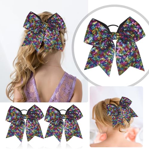 TUUXI 7 Inch Large Glitter Cheering Bows Black Sequin Hair Ties 2Pcs