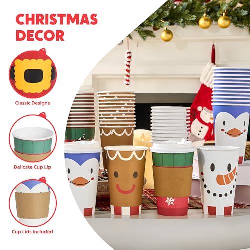 JOYIN 24 PCS Merry Christmas Disposable Paper Cups with Sleeves and Lids, 6 Designs Xmas Drinkware 16 oz, Snowflake Santa Elk Cups for Hot Coffee Cold Beverage Holiday Tableware Supplies Favors