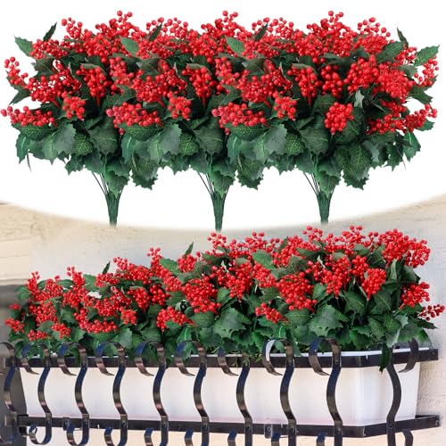 Artificial Christmas Poinsettia Flowers with Berry Stems Set - 12 Pieces