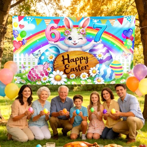 Happy Easter Bunny Backdrop Banner - 72x44in Spring Party Decor
