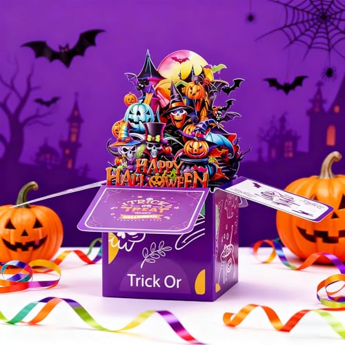 Purple Halloween 3D Pop-Up Birthday Card with Bats, Pumpkins & Skulls