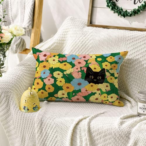 Spring Floral Black Cat Throw Pillow Cover - 12x20 Inch Polyester Cushion