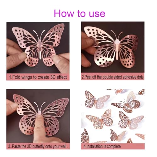 3D Metallic Butterfly Wall Stickers Pink Party Decor 48 Pcs