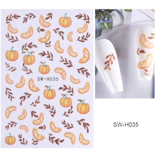 Fall Nail Stickers 4 Sheets 3D Self-Adhesive Maple Leaf Pumpkin Decals