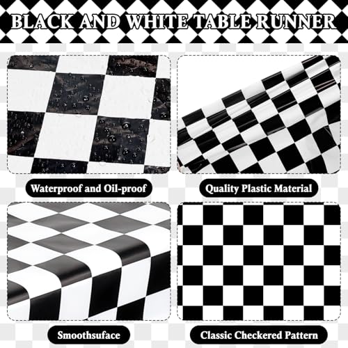Black and White Checkered Table Runner Set - 6 Pcs 14x108 Inch for Racing Theme Parties