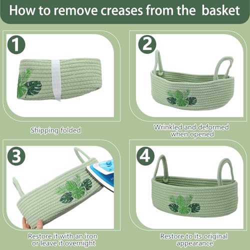Vesici Grass Green Monstera Toilet Paper Basket - Boho Cotton Organizer
