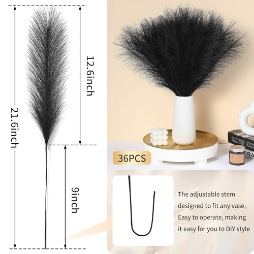 36Pcs Black Faux Pampas Grass - 21.6 Inch Decorative Stems for Home Decor