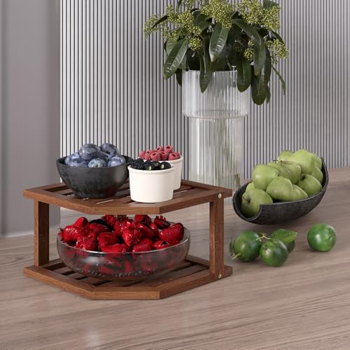 VERTORGAN 2 Tier Bamboo Plate Organizer - Brown Corner Shelf