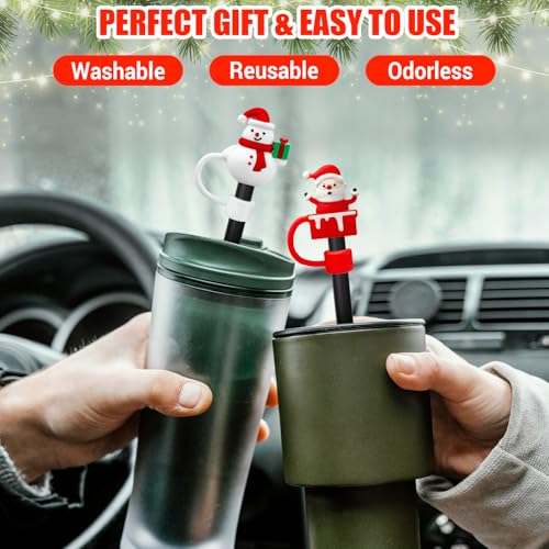 Christmas Reusable Straw Cover Caps for 30oz & 40oz Tumblers - Santa, Elk & Jingle Bell Designs - Pack of 6