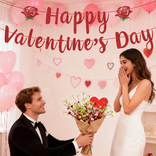 Glitter Happy Valentine's Day Banner - Festive Party Decor