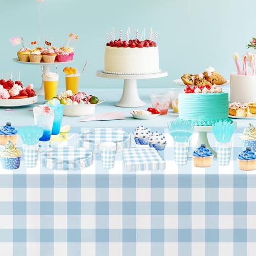 Light Blue Gingham Tablecloth Set - 3 Pcs, 55 x 86in