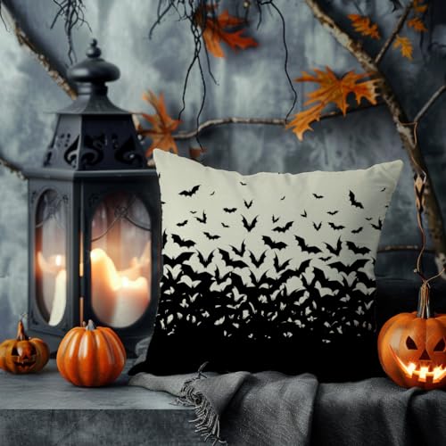 Black Bat Halloween Pillow Covers 18x18, Set of 2 Spooky Farmhouse Decor