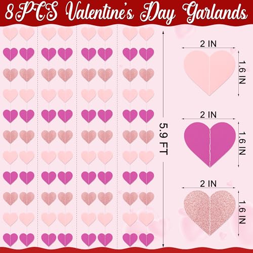 Valentine Heart Garland 8-Pack Glitter Love Banners for Home Decor