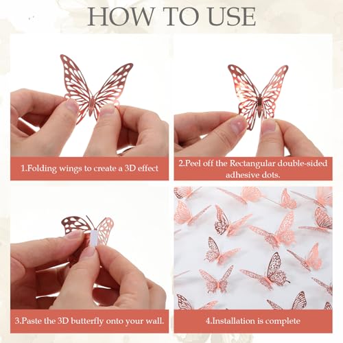 48 PCS Rose Gold 3D Butterfly Wall Decor - 4 Styles & 3 Sizes