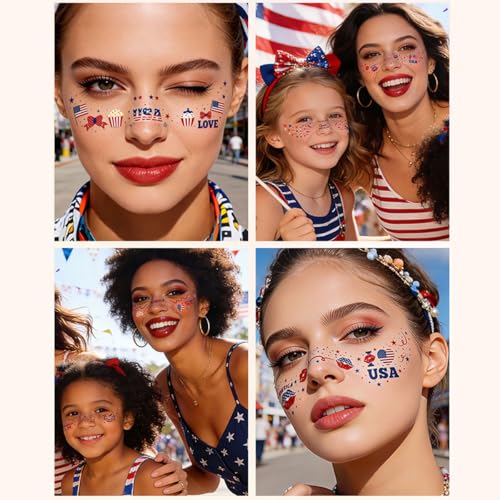 4th of July Temporary Face Tattoos - 10 Pack Patriotic USA Flag Stickers