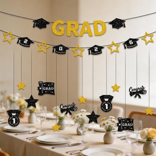 Class of 2026 Graduation Banner Set - Black & Gold Glitter Decor