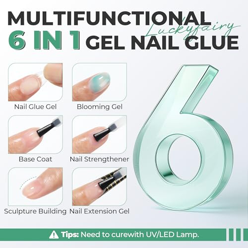 Luckyfairy 6-in-1 Nail Glue Gel for Acrylic False Nails, 15ml 2-Pack
