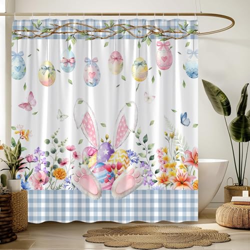 AEMBEE Easter Shower Curtain - Cute Bunny & Floral Blue Plaid, 70"x70"