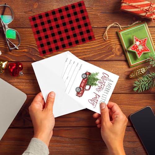 Christmas Invitation Cards Watercolor Red Truck Set with Envelopes