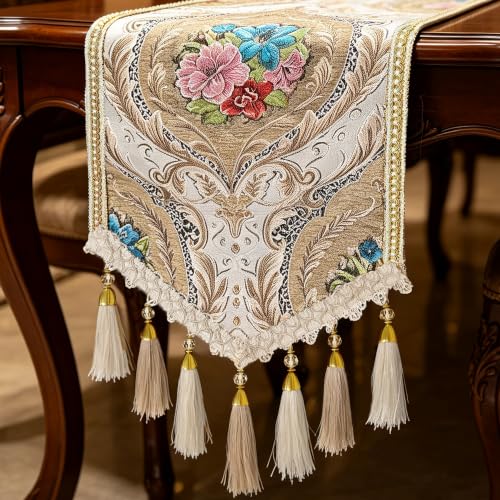 Champagne Floral Jacquard Thick Table Runner - 48 Inch Vintage Style