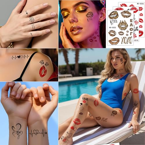HIFANMM 12 Sheets Valentine's Day Temporary Tattoos Heart and Lip Designs