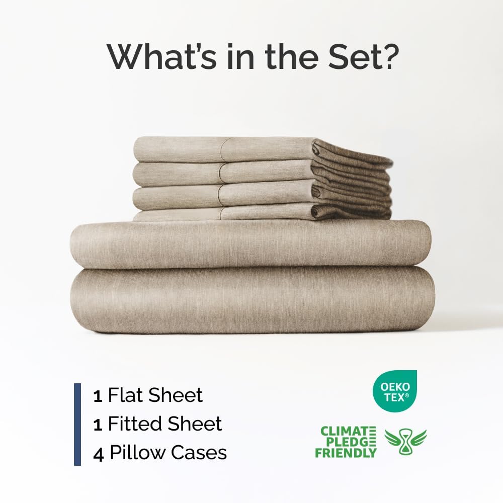 Skiennix Extra Deep Full Sheet Set | 6-Piece Breathable Cooling Sheets - Luxury Hotel Quality - Heathered Beige