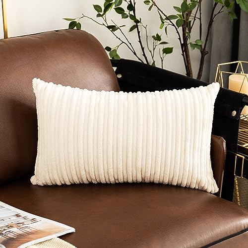 UGASA Velvet Lumbar Throw Pillow Cover 12x20 Inch - Cream