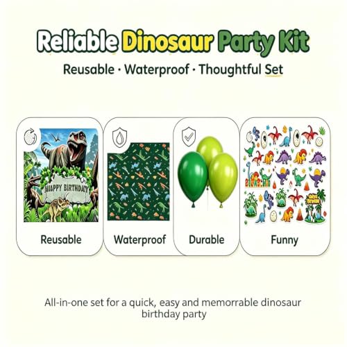Dinosaur Birthday Party Decorations Kit for Kids with Backdrop, Balloons, Banner, Cake Toppers & Tattoos