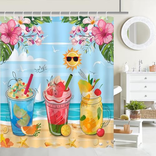 Mocsicka Summer Shower Curtain - Colorful Tropical Beach Design, 72x72 Inch with Hooks