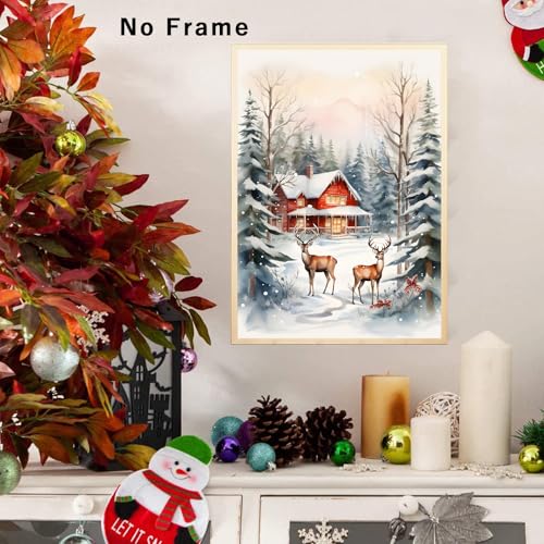 Vintage Christmas Deer Canvas Wall Art - 16x24 Inch Unframed