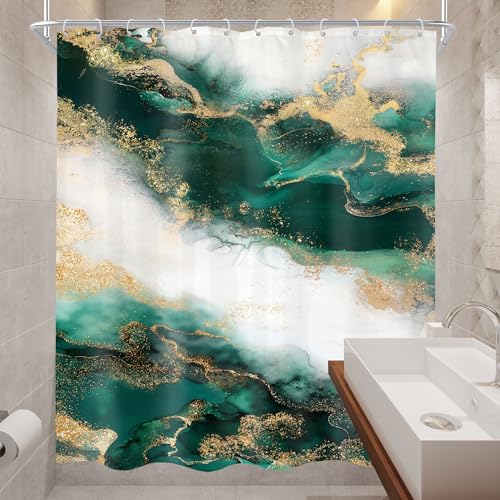 Cinbloo Emerald Green and Gold Marble Abstract Shower Curtain 60x72